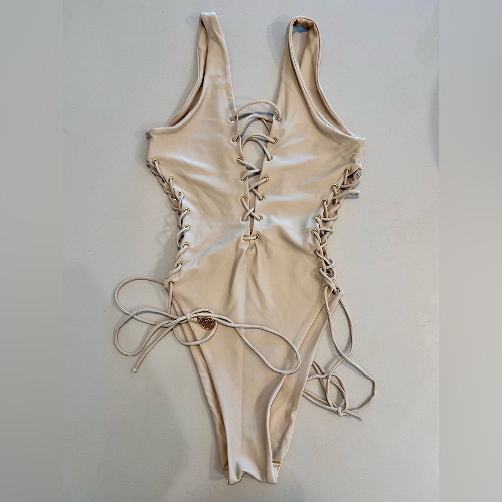 Luli Fama Beige Lace-Up One-Piece Swimsuit